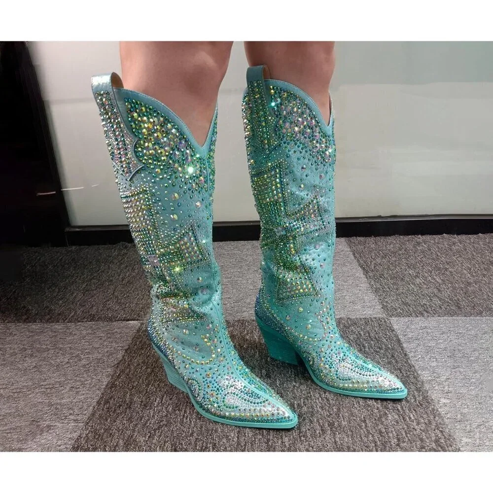 Women's Blue Fashion Rhinestone Cross Western Knee-High Cowboy Boots